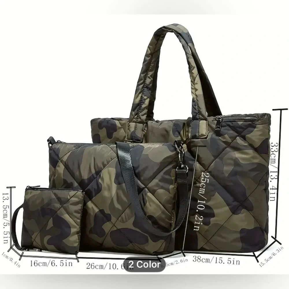 Camouflage Padded Tote Bag, Large Capacity Shoulder Bag, & pouch set NWT - Picture 3 of 7